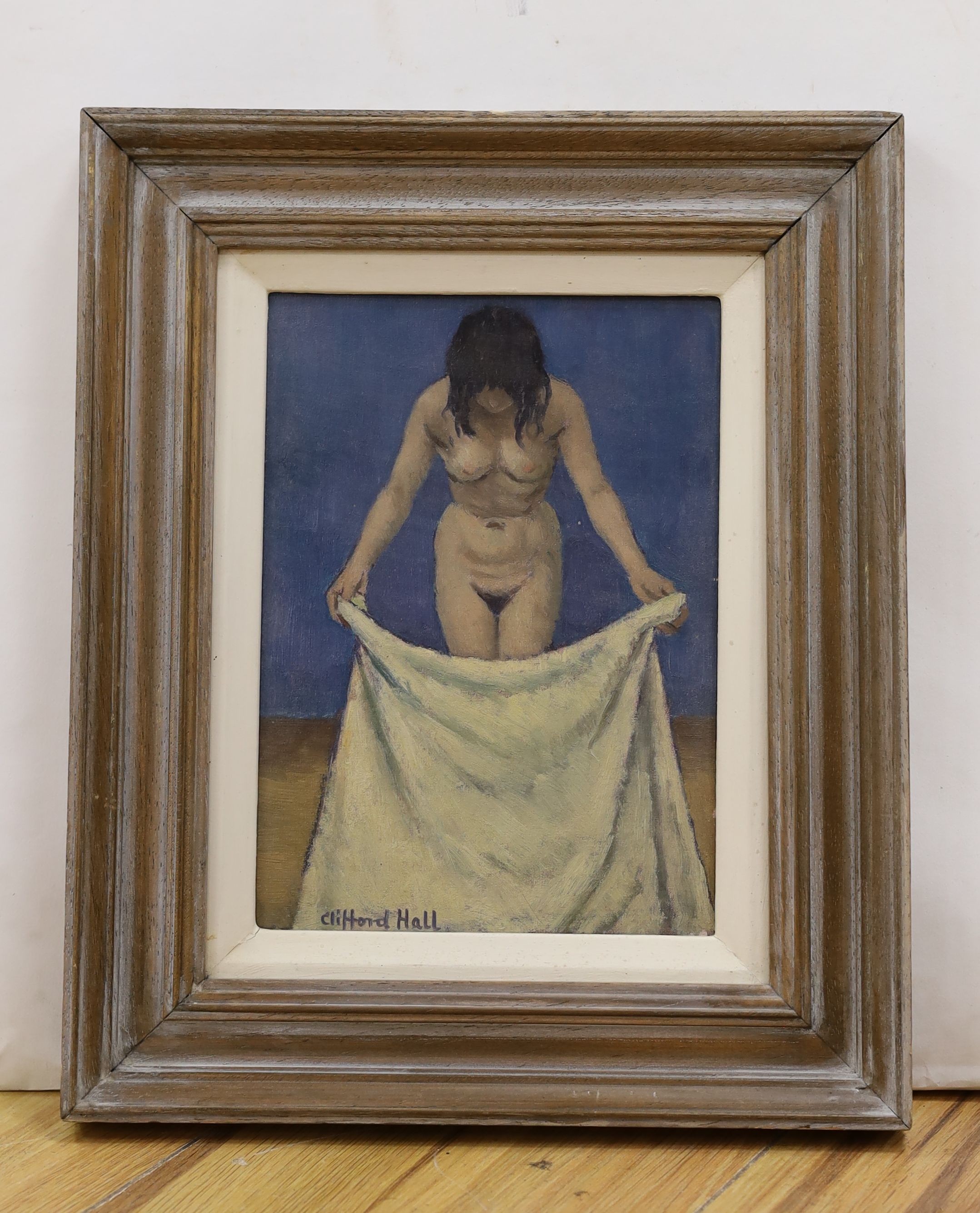 Clifford Hall (1904-1973), oil on board, Nude folding a sheet, signed, 21 x 15cm